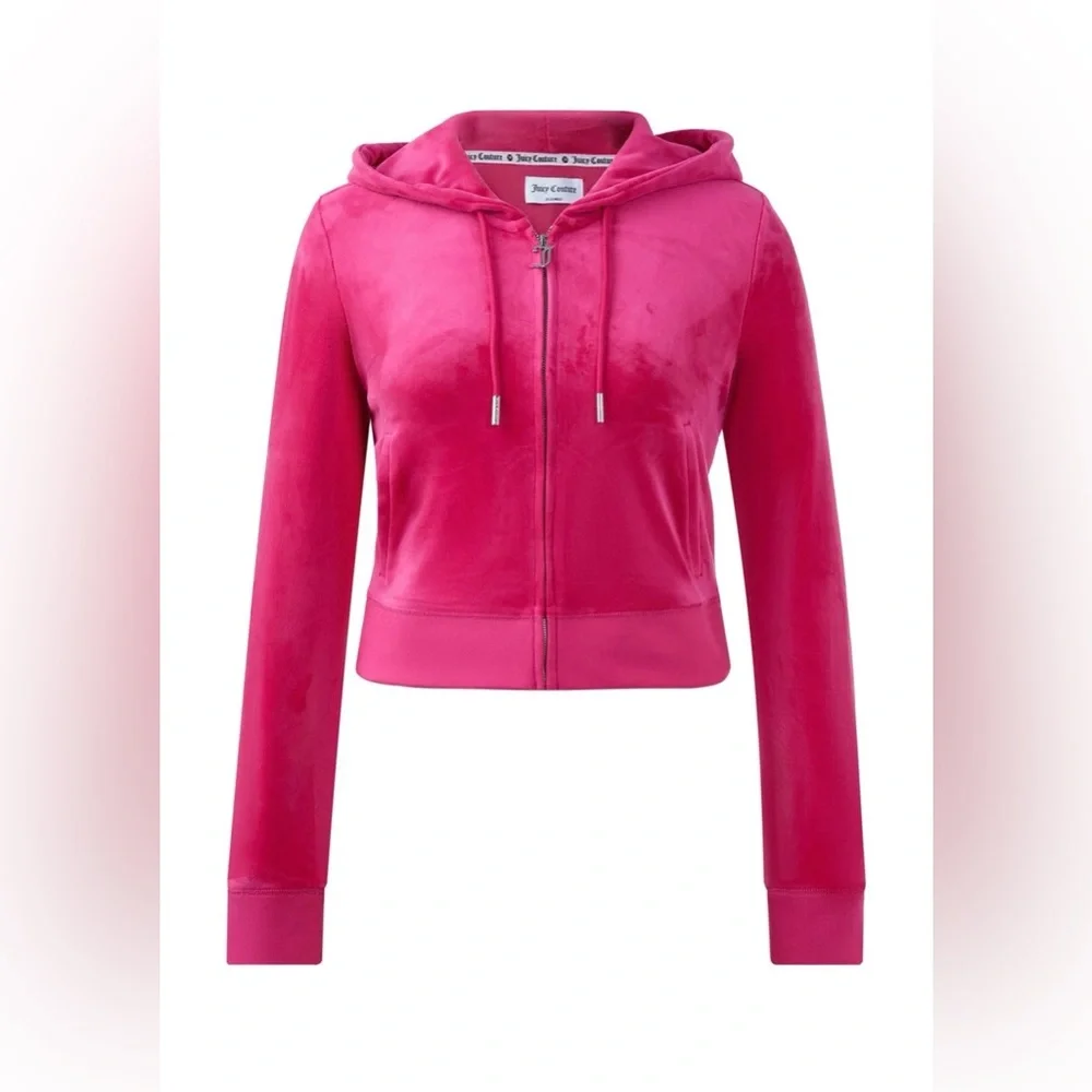 Juicy Couture Hot Pink Velour Rhinestone Logo Cropped Hoodie - Picture 2 of 3